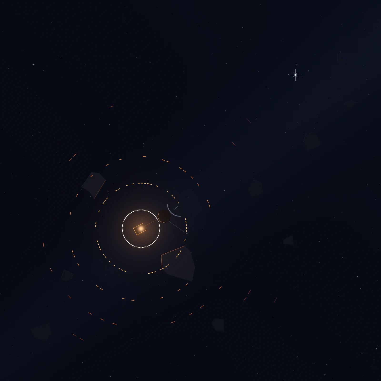 Artistic imagining, not real hardware: a tiny dark space probe with a glowing ember-orange radioisotope generator sits low left in a vast near-black starfield, ringed by concentric dashed pulses of warm light that fade and cool as they spread outward, faint icy rocks rim-lit by the glow, and the distant Sun reduced to one bright star at upper right.