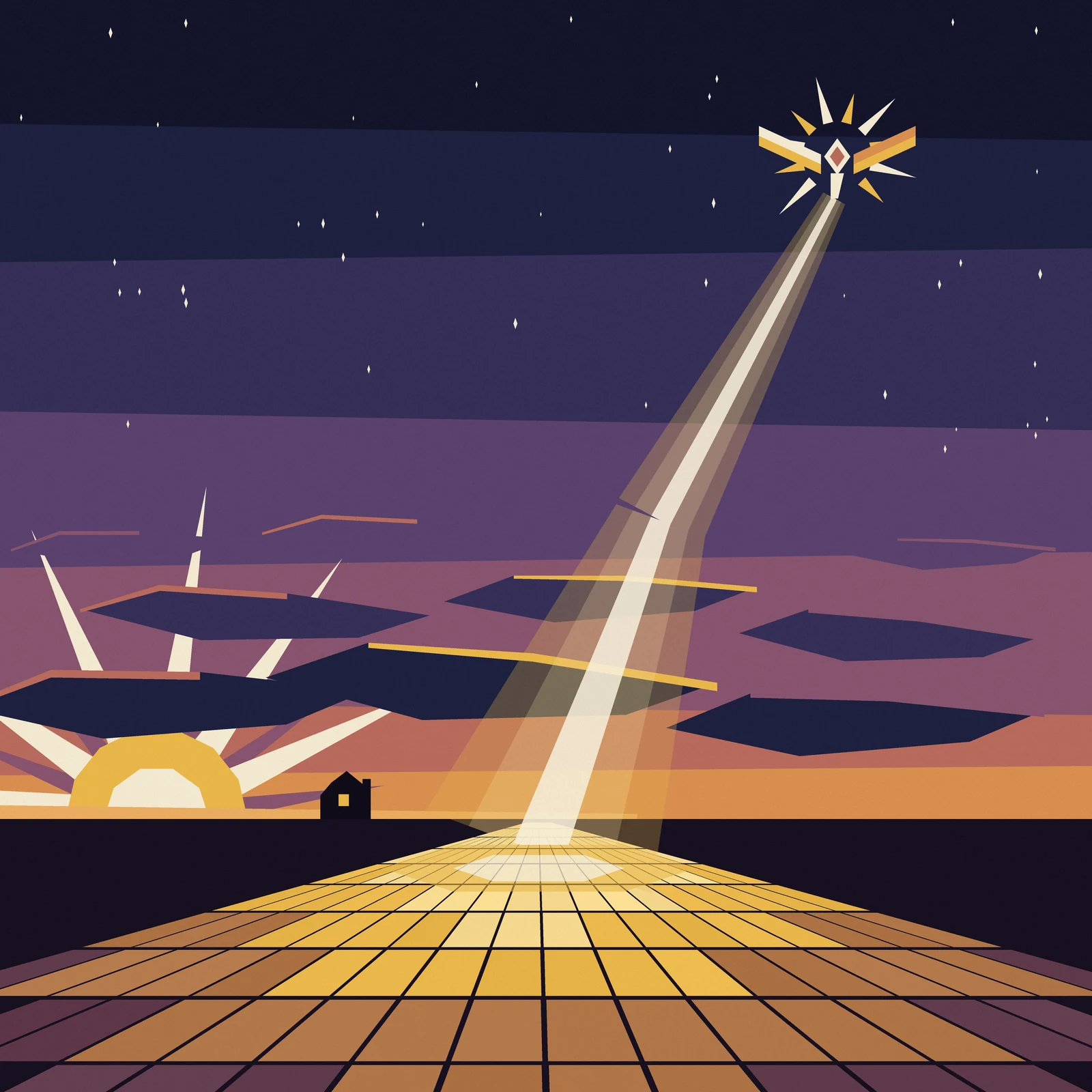 Artistic imagining, not existing hardware: a vorticist-style dawn poster built entirely from straight-edged flat planes. A small faceted solar power satellite high in an indigo pre-dawn sky sends a straight gold microwave beam down through angular violet cloud shards to a bright glowing footprint on a vast rectenna field of diamond panels below. At lower left a half-risen faceted amber sun fans hard triangular cream and rose rays over the horizon, where a tiny dark house shows one lit gold window.