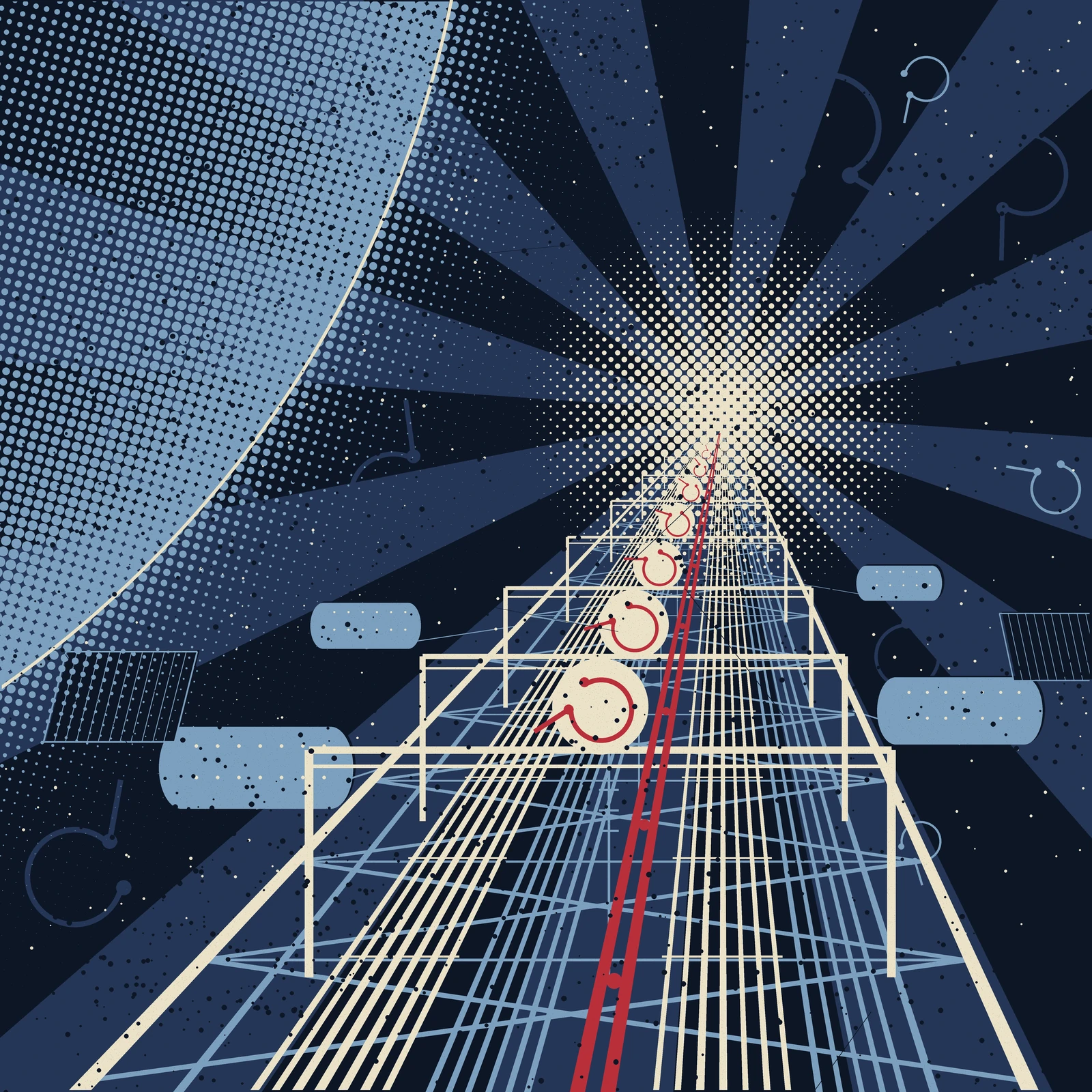 An artistic imagining, not existing hardware: screenprint-style poster in deep navy, powder blue, cream, and red. One-point perspective down an orbital station's kilometer-long truss: converging cable trays and a red high-voltage bus run toward a glowing vanishing point, crossed by a diminishing rhythm of switchgear gantries carrying round red breaker emblems; a halftone Earth limb fills the upper left, habitat modules with lit windows and hatched radiators flank the avenue, and faint breaker glyphs repeat across the starred sky.