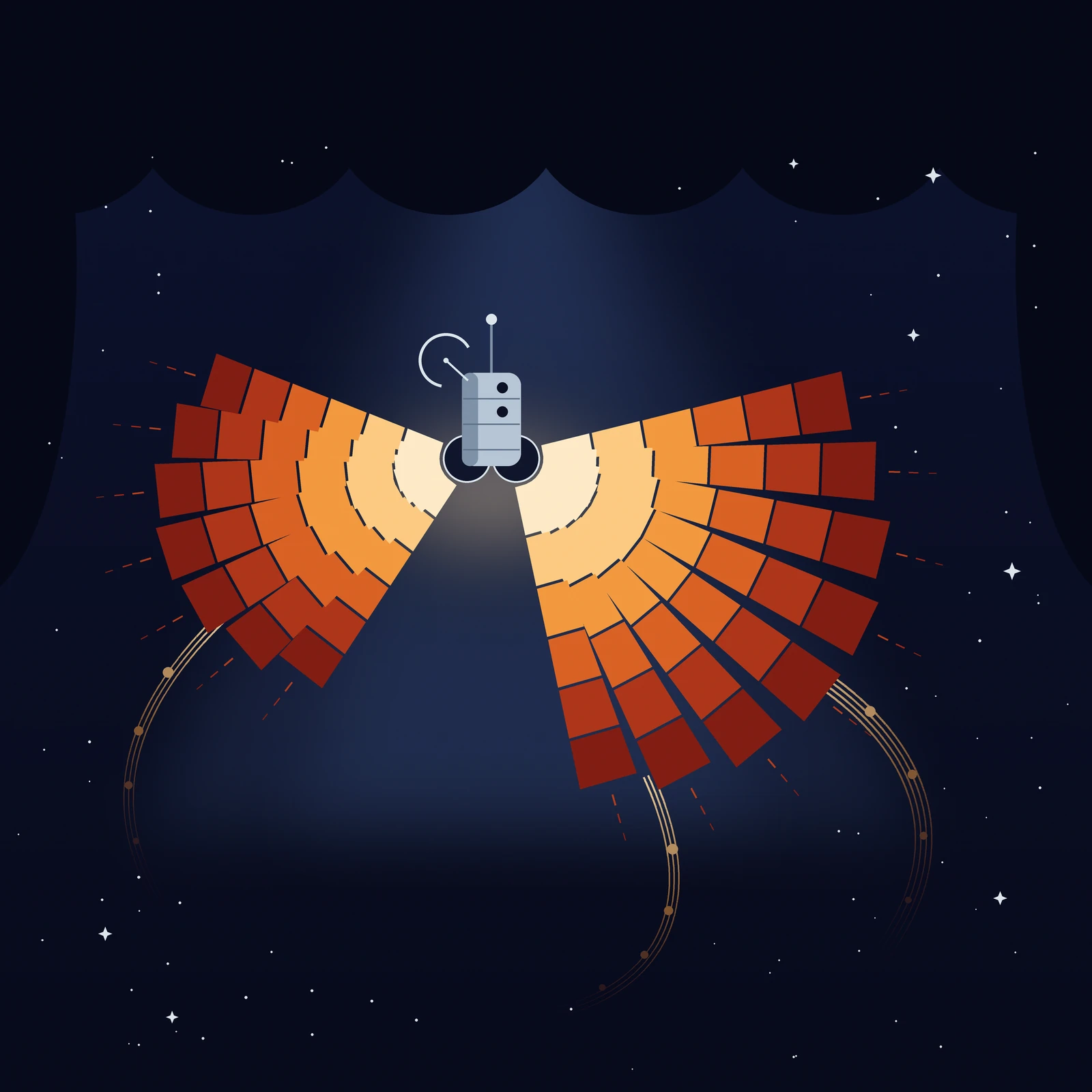 Artistic imagining, not real hardware: a flat poster-style scene of a small pale spacecraft on a dark indigo stage beneath a cold spotlight, with two huge fan-shaped radiator wings spreading below it, their banded slats glowing white-hot at the roots and fading to deep ember at the tips, while curling ribbons of glowing lines and dots drift off the tips and fade into a star-flecked void.